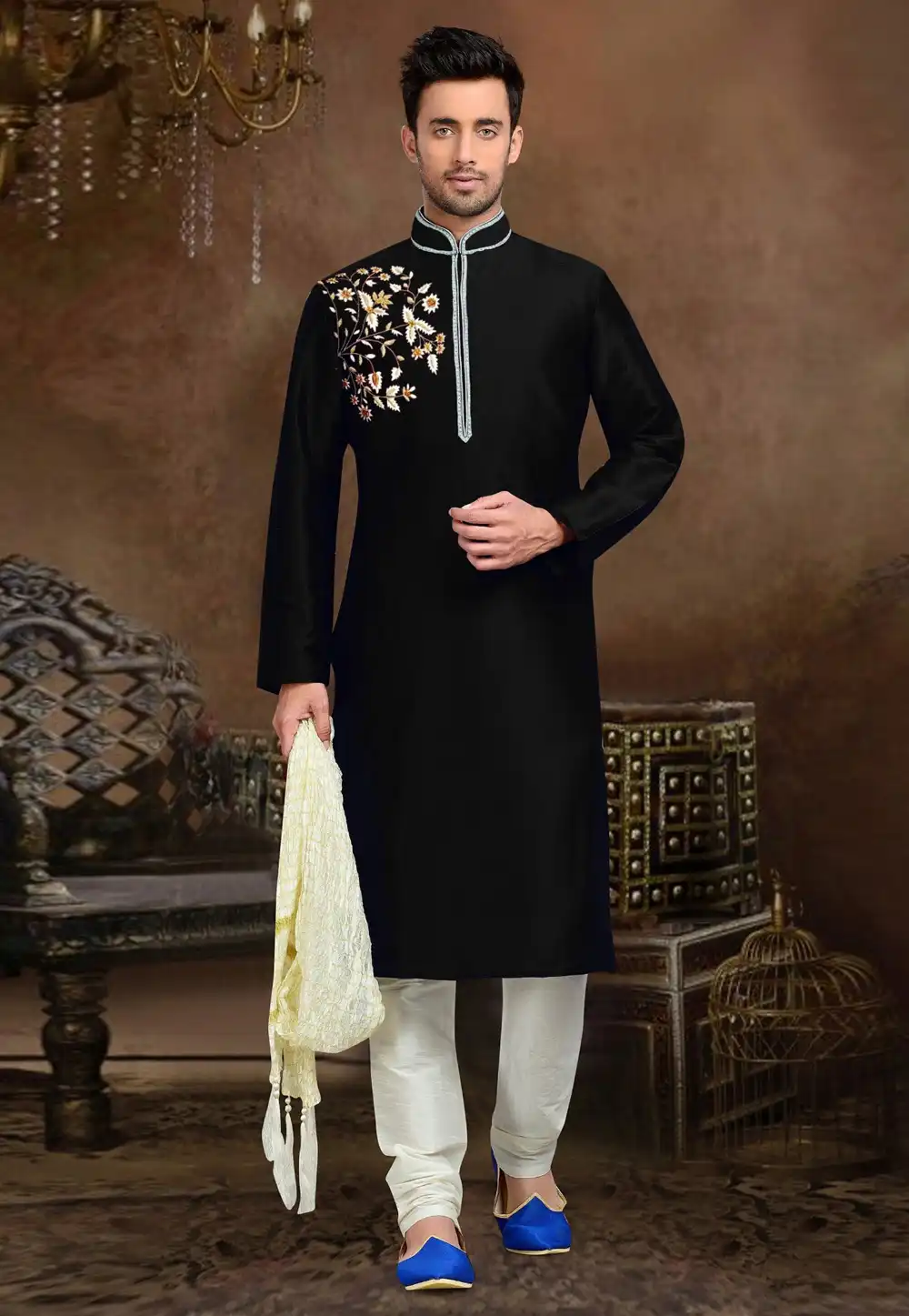Black Dupion Silk Kurta Pajama 316060