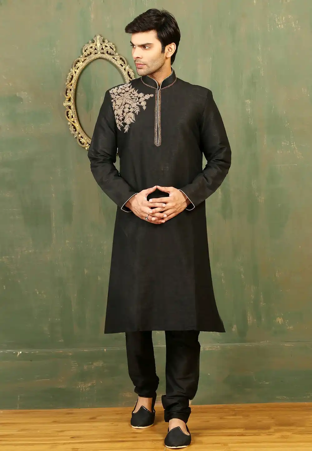 Black Dupion Silk Kurta Pajama 316071