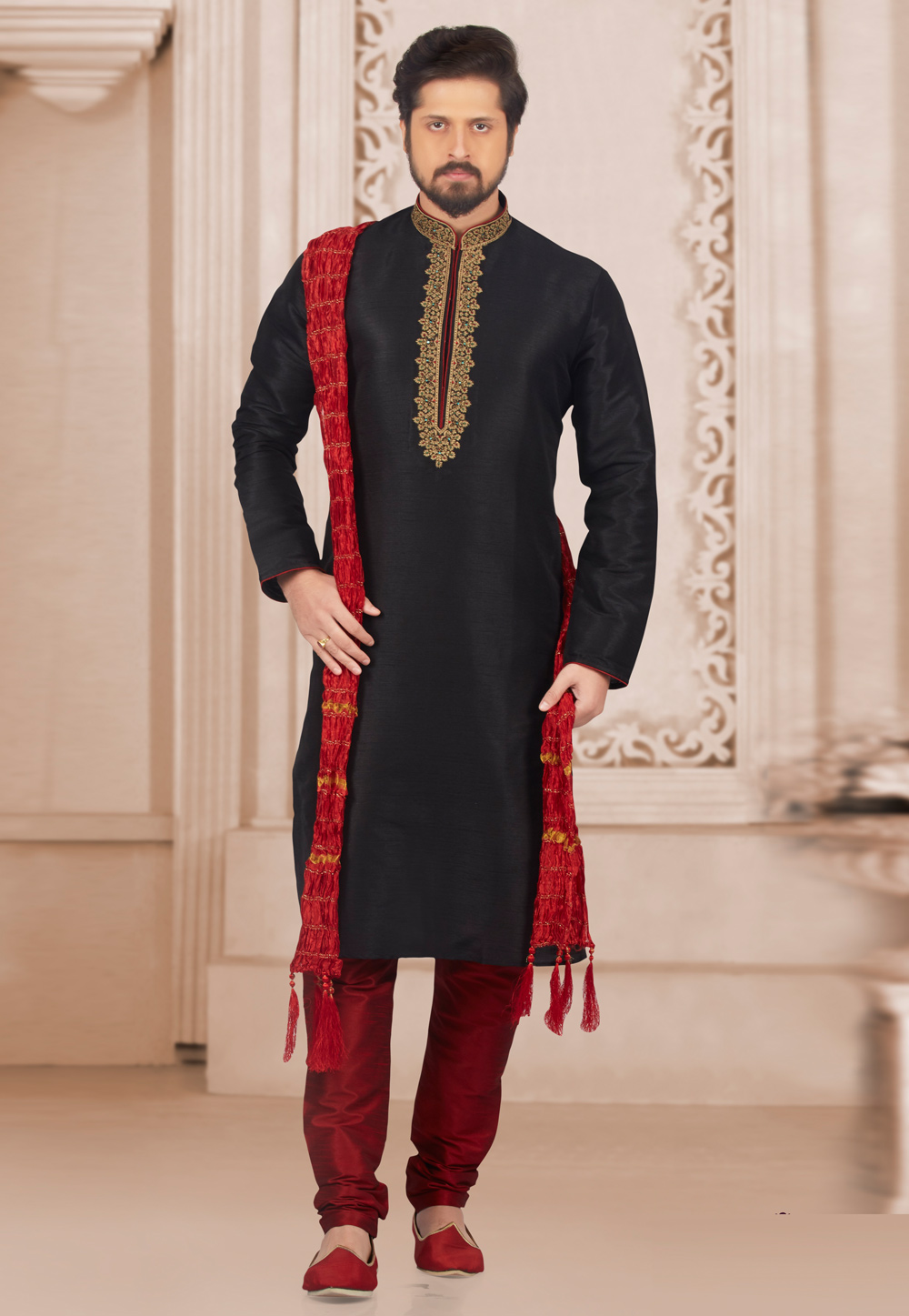 Black Dupion Silk Kurta Pajama 279687