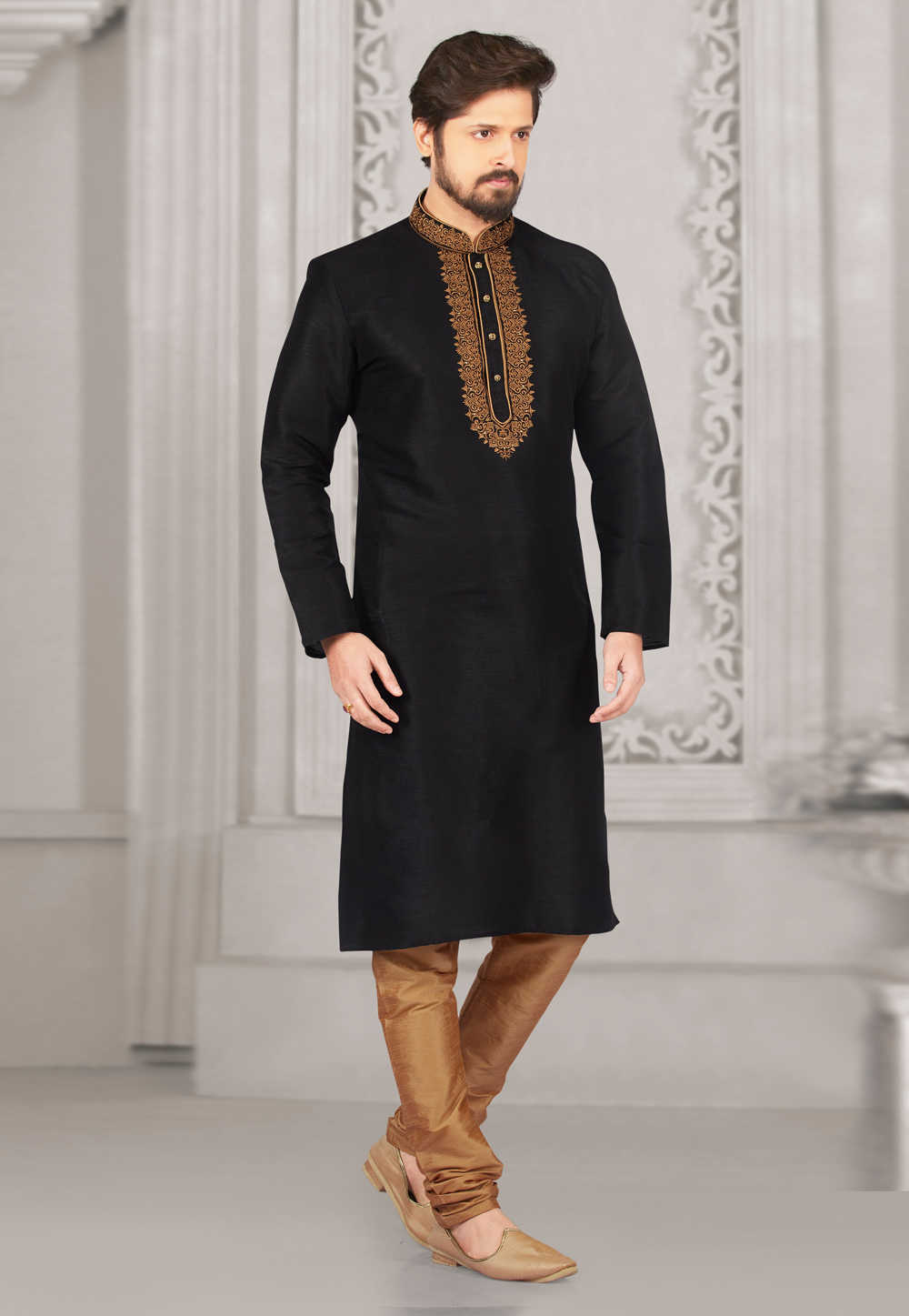 Black Dupion Silk Kurta Pajama 279694