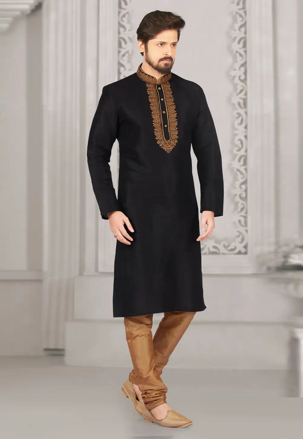 Black Dupion Silk Kurta Pajama 279694