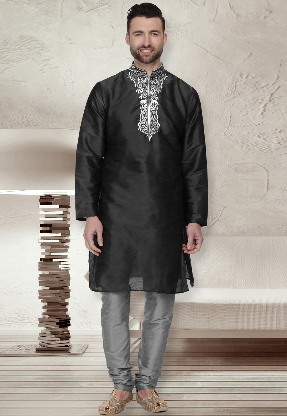 Black Dupion Silk Kurta Pajama 279411