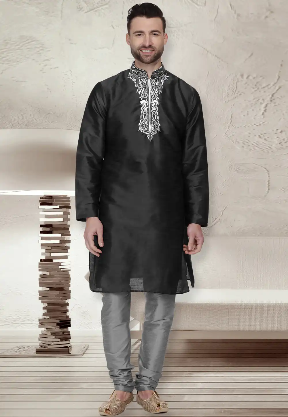 Black Dupion Silk Kurta Pajama 279411