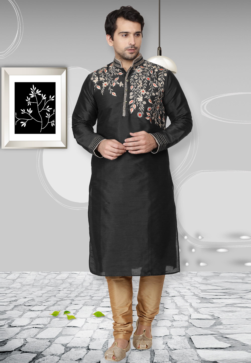 Black Dupion Silk Kurta Pajama 279414