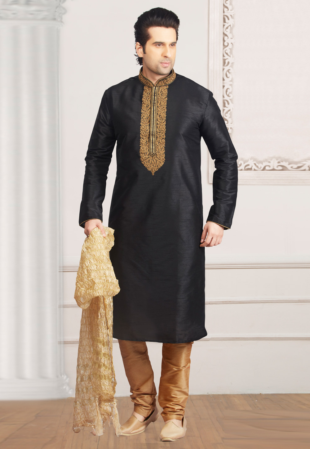 Black Dupion Silk Kurta Pajama 279428