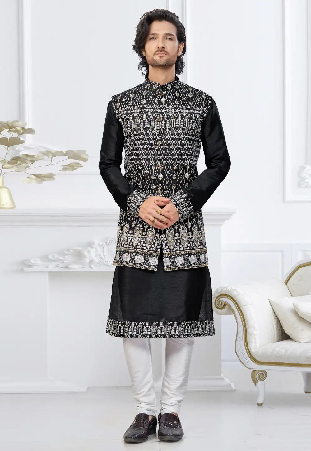 Black Dupion Silk Kurta Pajama With Jacket 317871