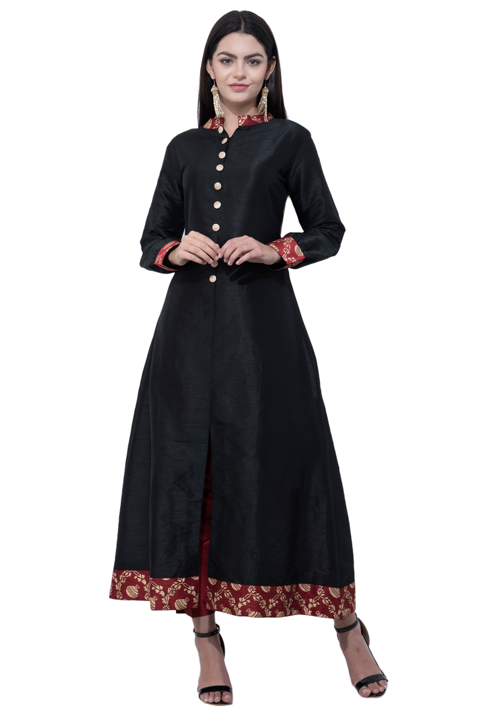 Black Dupion Silk Readymade Anarkali Suit 322167