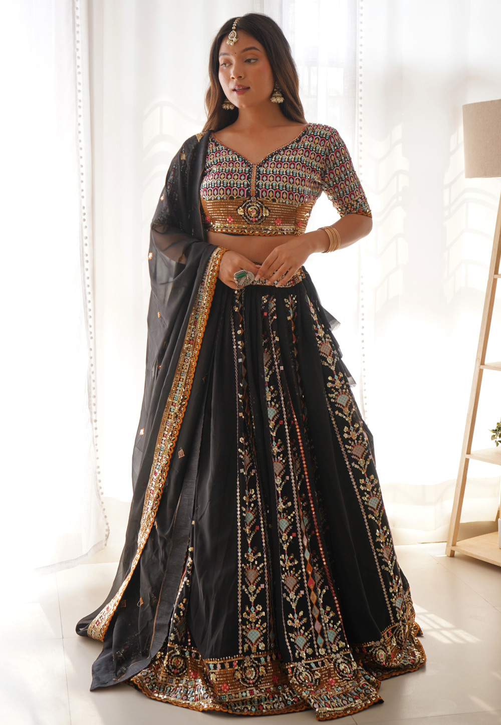 Black Faux Georgette Circular Lehenga Choli 313031