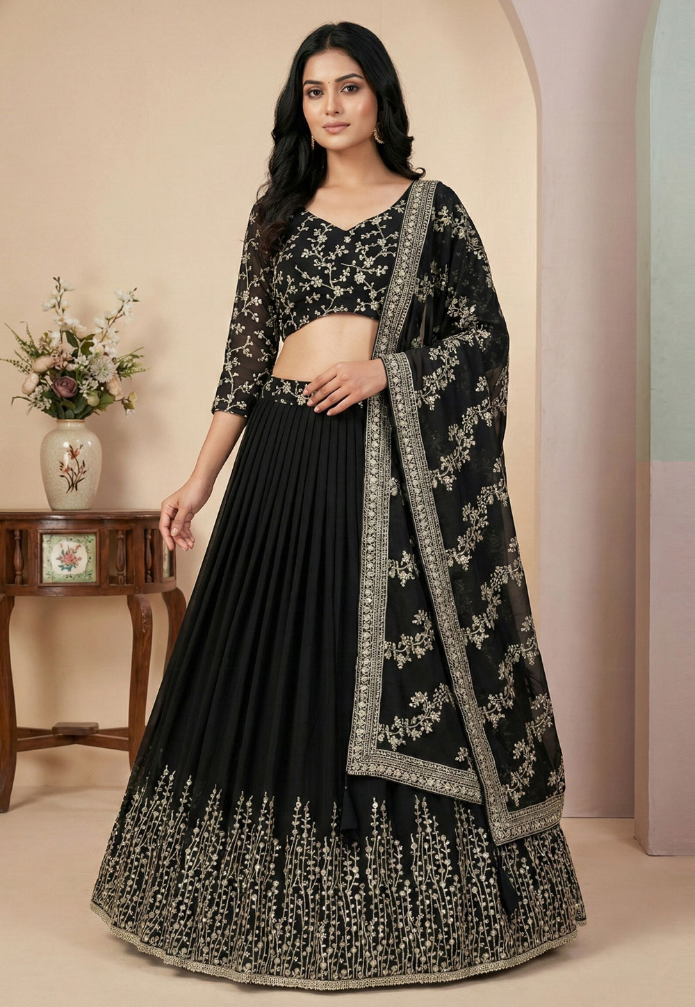 Black Faux Georgette Circular Lehenga Choli 324161