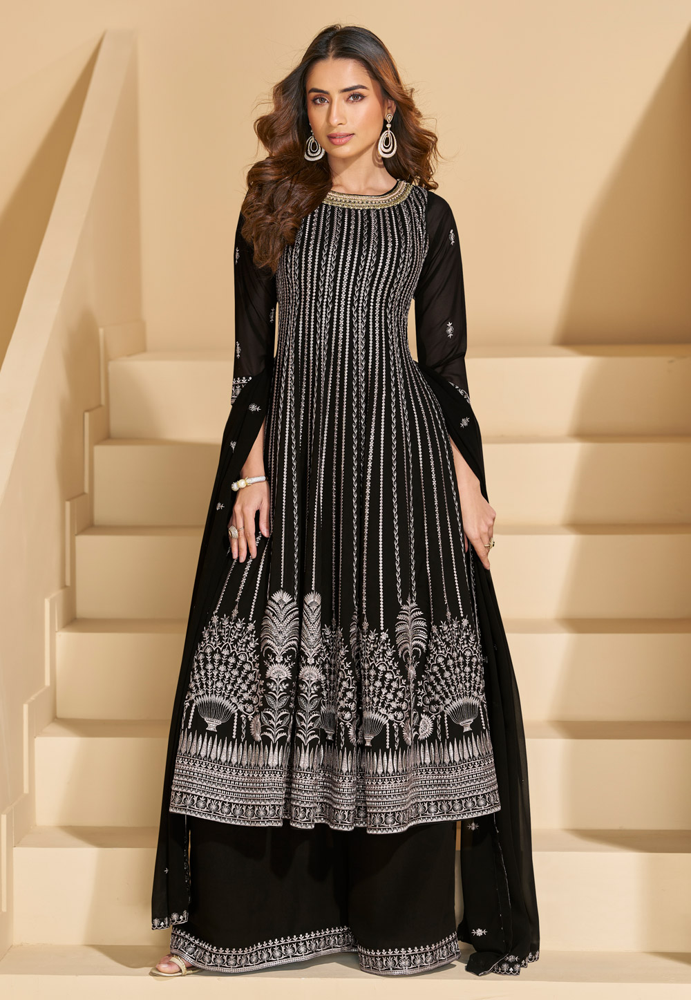 Black Faux Georgette Embroidered Palazzo Suit 320524