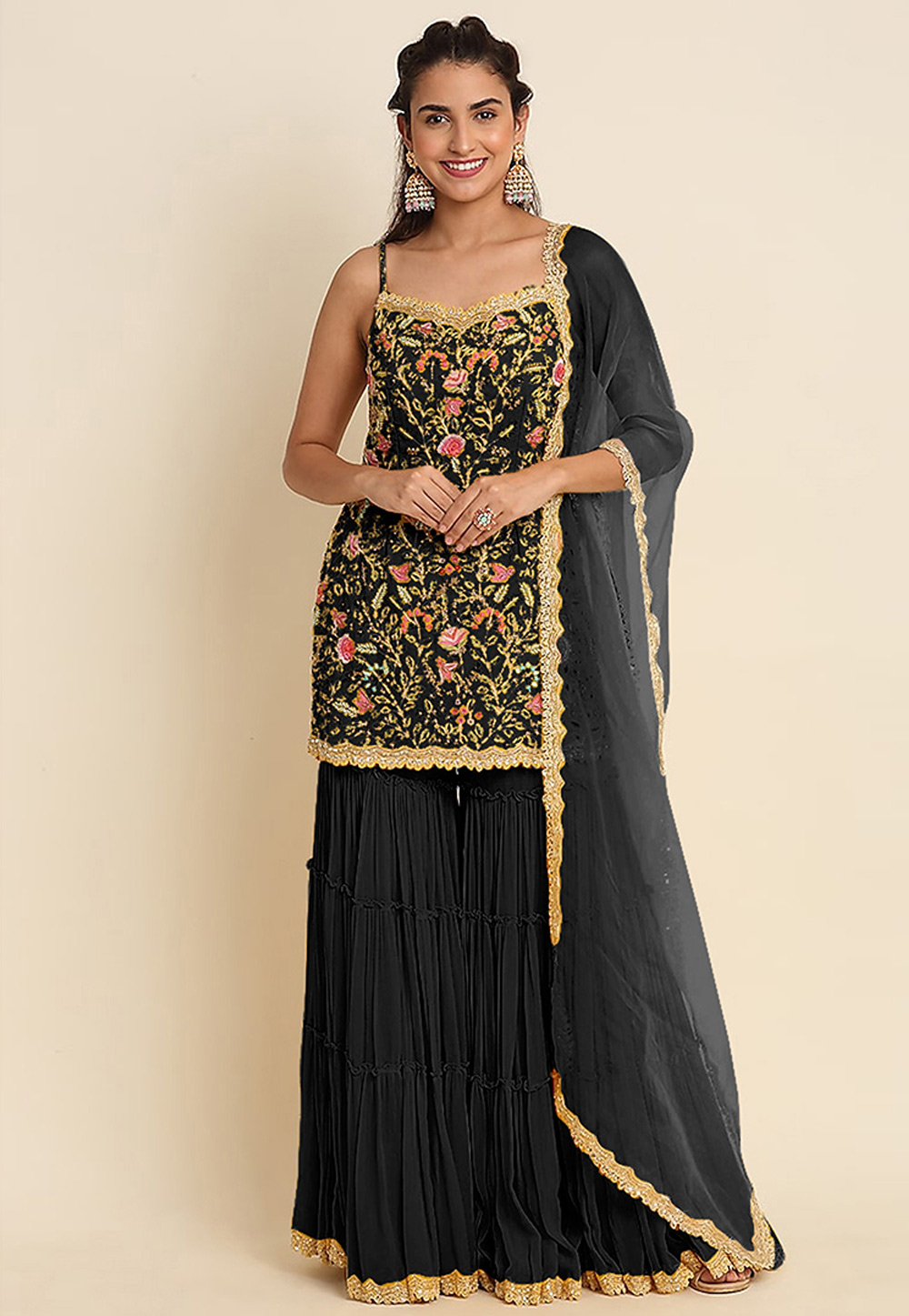 Black Faux Georgette Gharara Suit 308321