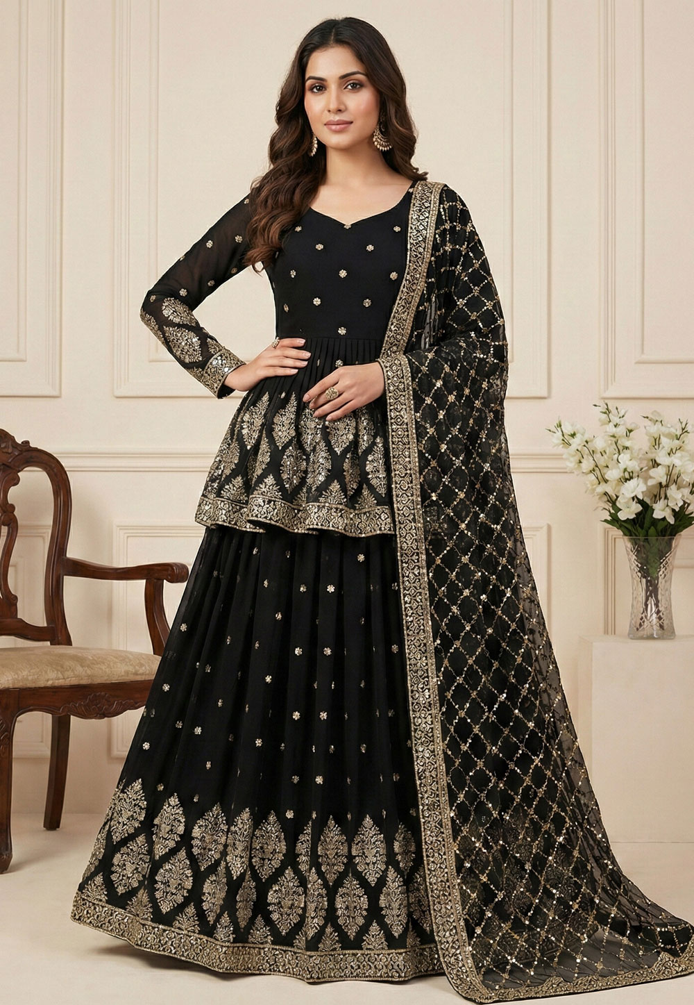 Black Faux Georgette Indo Western Lehenga Choli 324151