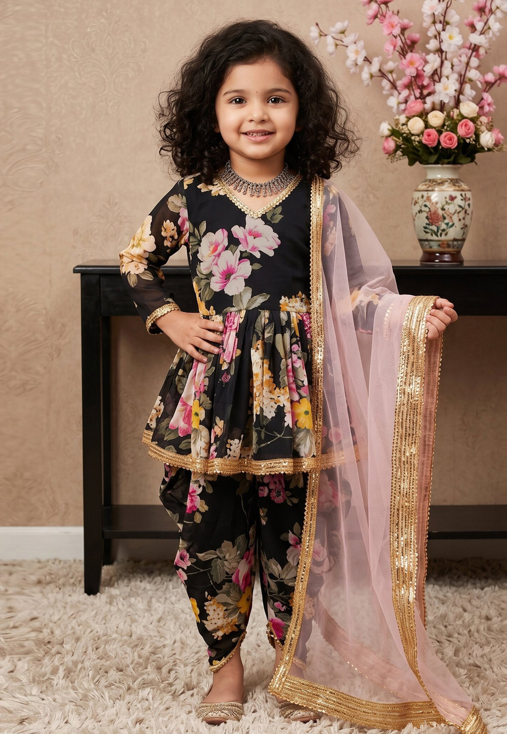 Black Faux Georgette Kids Dhoti Salwar Suit 329914