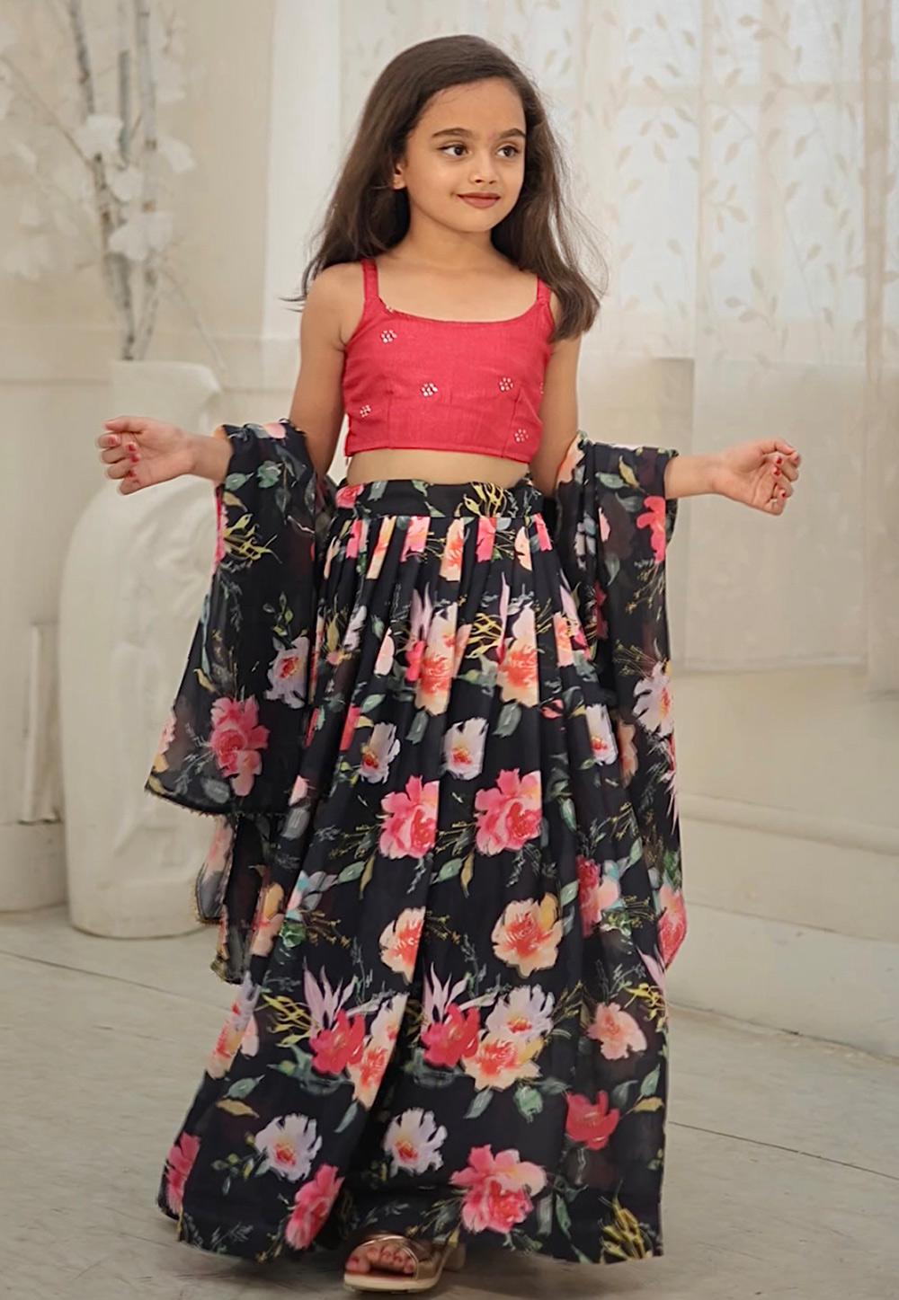 Black Faux Georgette Kids Lehenga Choli 283496