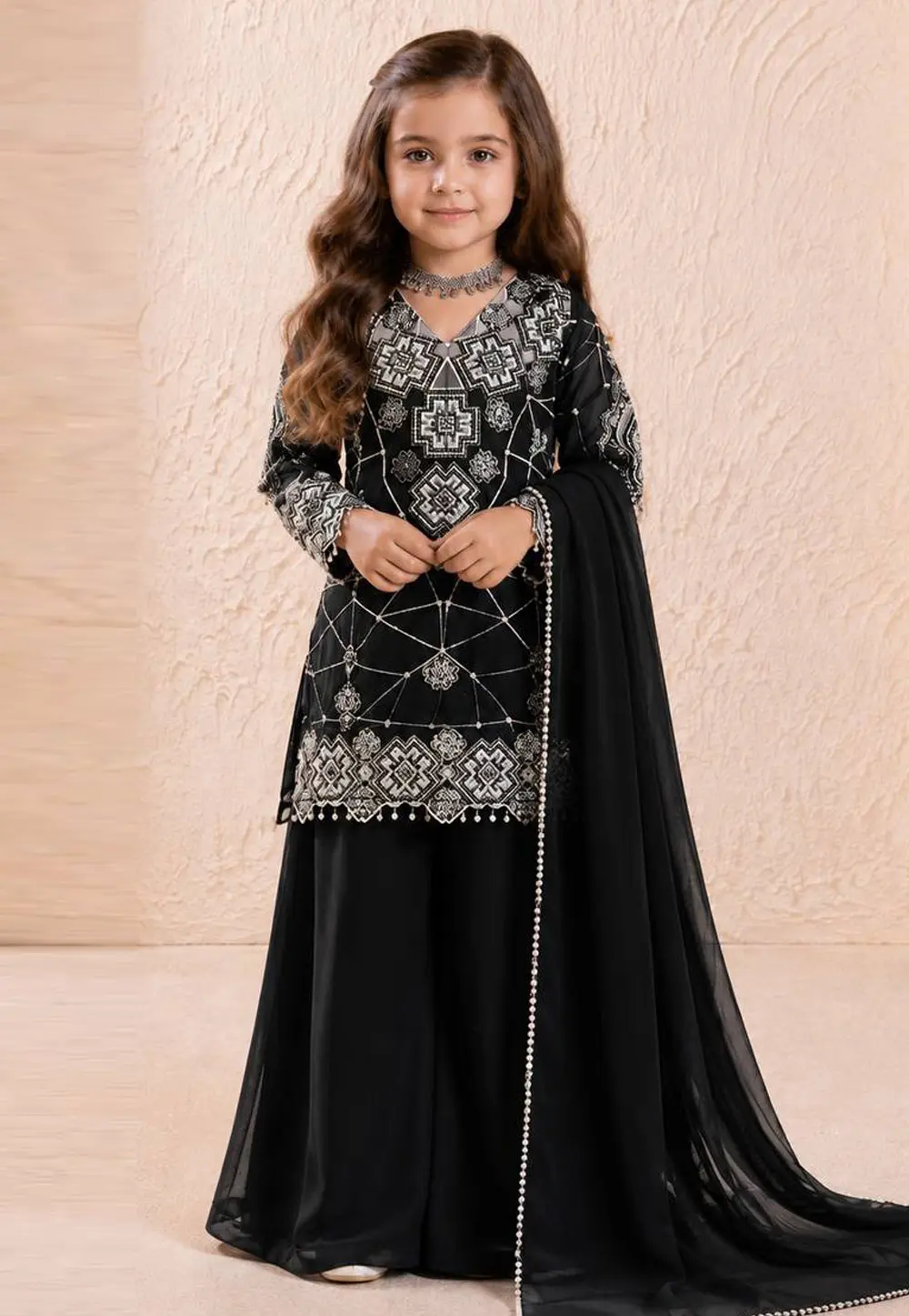 Black Faux Georgette Kids Palazzo Suit 331791