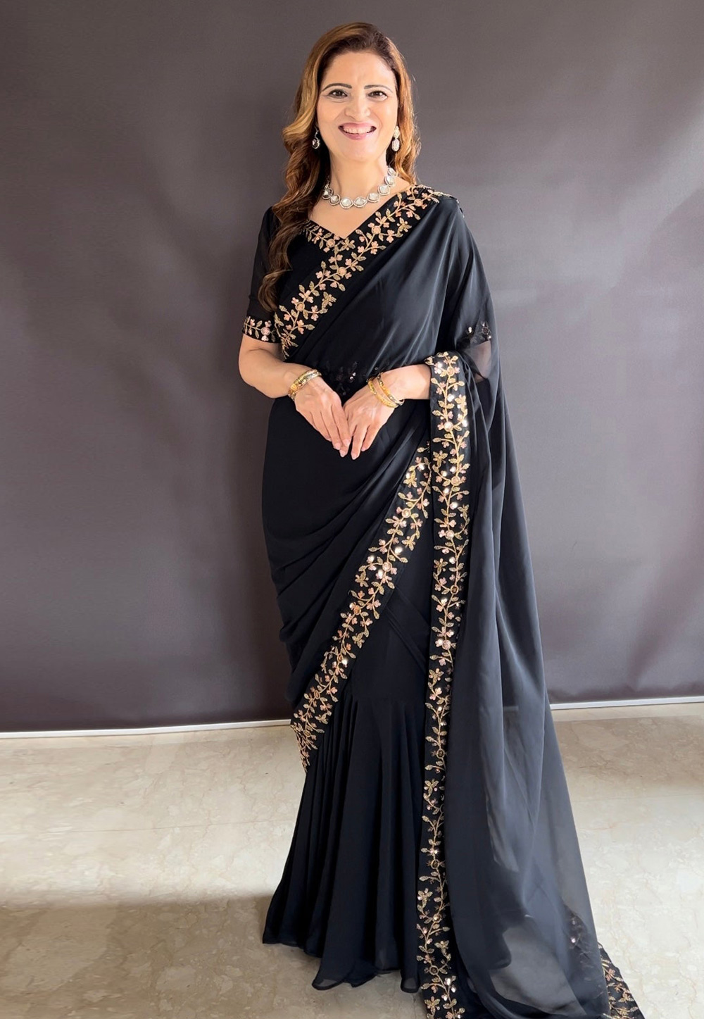 Black Faux Georgette Lehenga Saree 308958