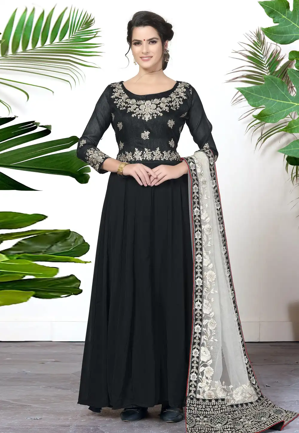 Black Faux Georgette Long Anarkali Suit 314642