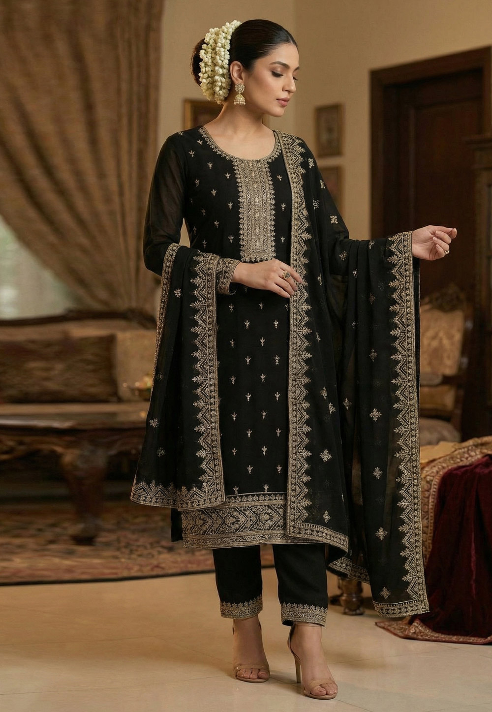 Black Faux Georgette Pant Style Suit 327307