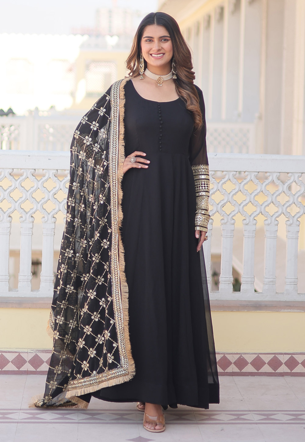 Black Faux Georgette Readymade Anarkali Suit 279667