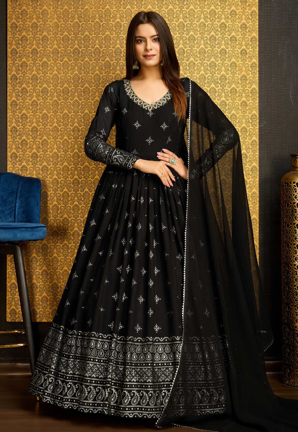 Black Faux Georgette Readymade Anarkali Suit 283098
