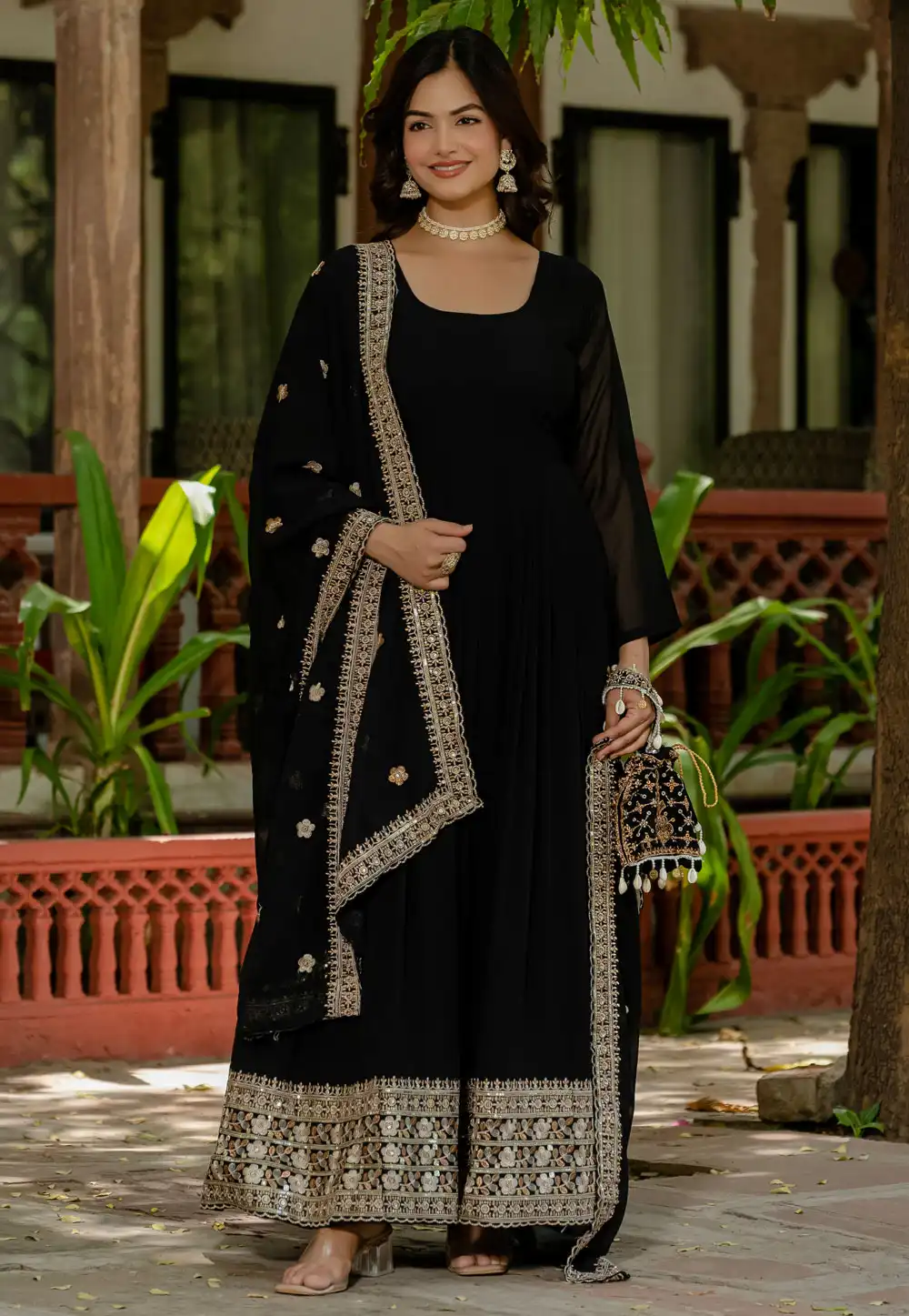 Black Faux Georgette Readymade Anarkali Suit 313901