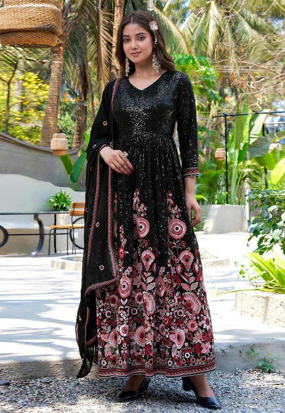 Black Faux Georgette Readymade Anarkali Suit 333413