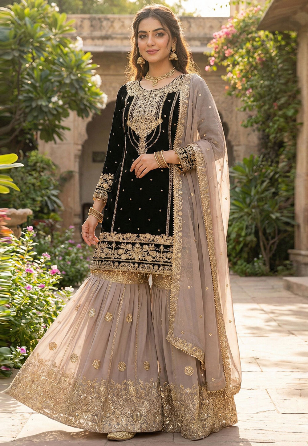 Black Faux Georgette Readymade Gharara Suit 325331