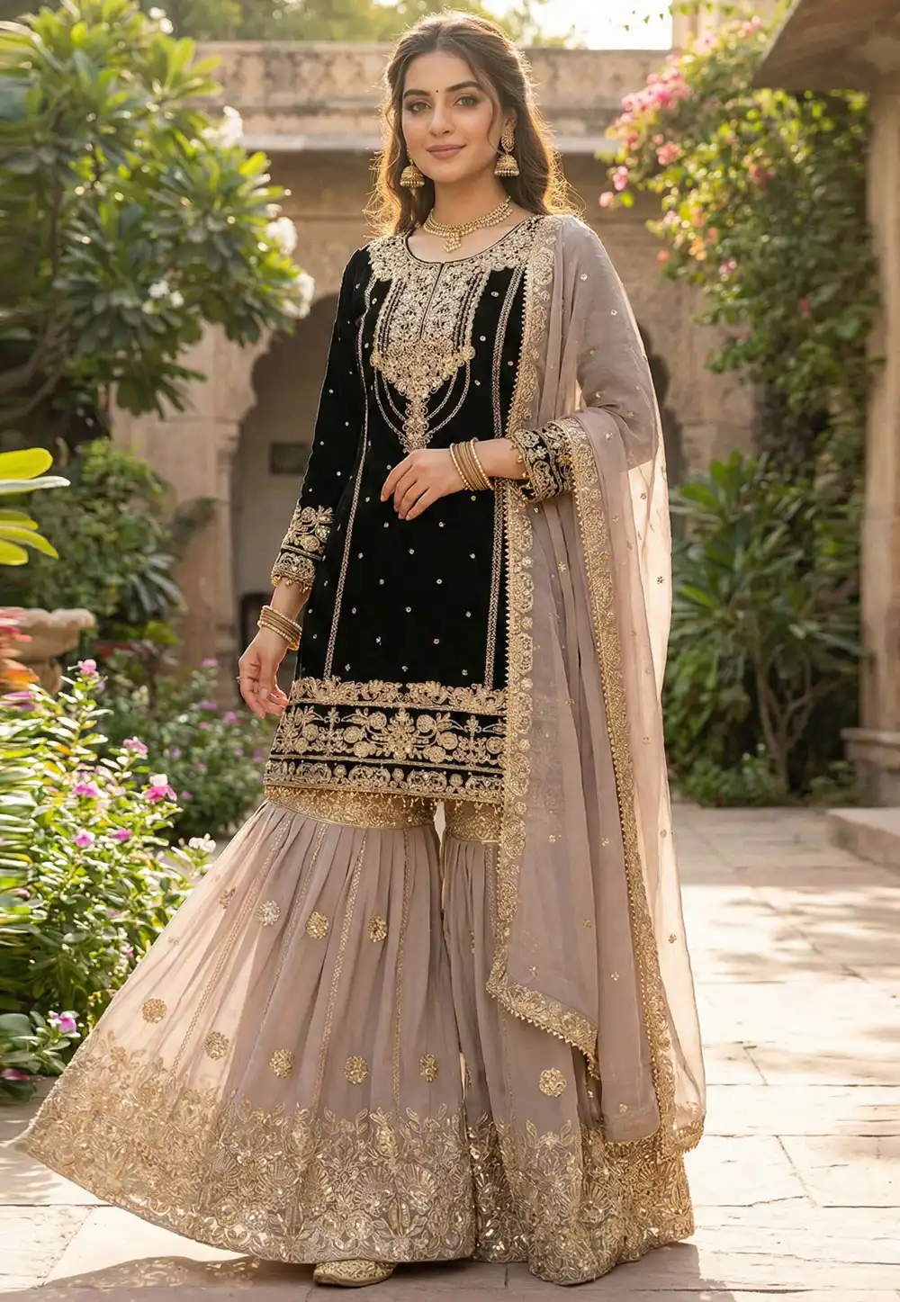 Black Faux Georgette Readymade Gharara Suit 325331