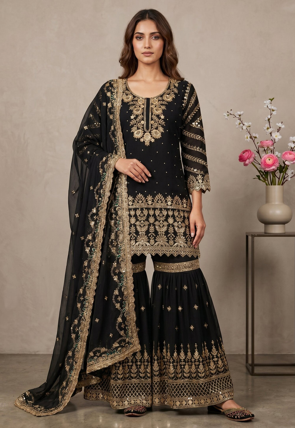 Black Faux Georgette Readymade Gharara Suit 330336