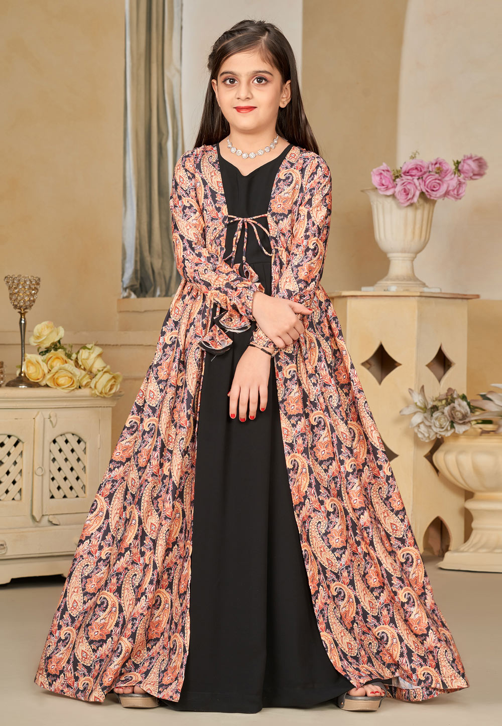 Black Faux Georgette Readymade Kids Gown With Jacket 285072