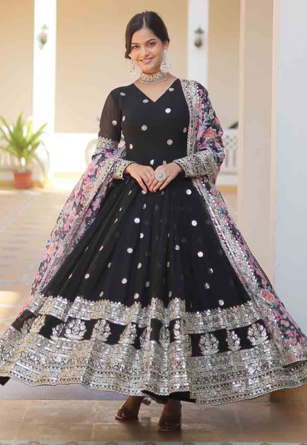 Black Faux Georgette Readymade Long Anarkali Suit 280753