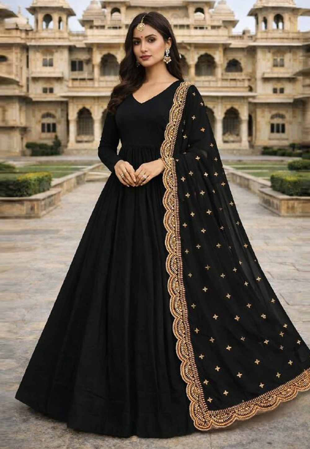 Black Faux Georgette Readymade Long Anarkali Suit 323526
