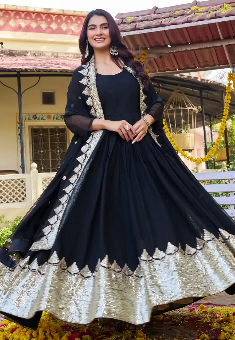 Black Faux Georgette Readymade Long Anarkali Suit 323693