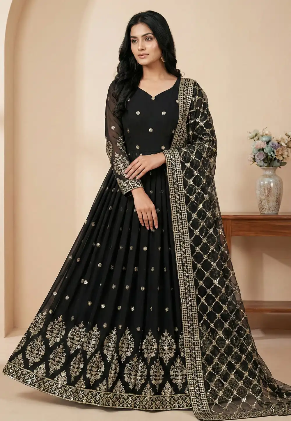 Black Faux Georgette Readymade Long Anarkali Suit 323999