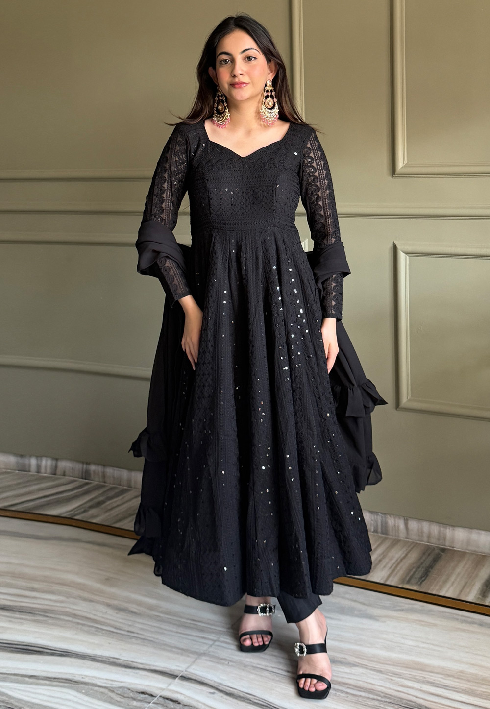 Black Faux Georgette Readymade Long Anarkali Suit 327849