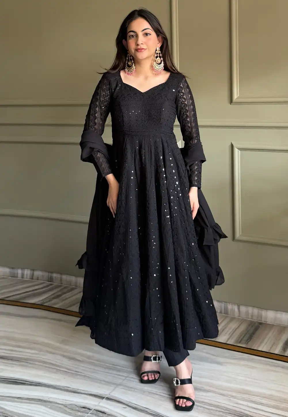 Black Faux Georgette Readymade Long Anarkali Suit 327849