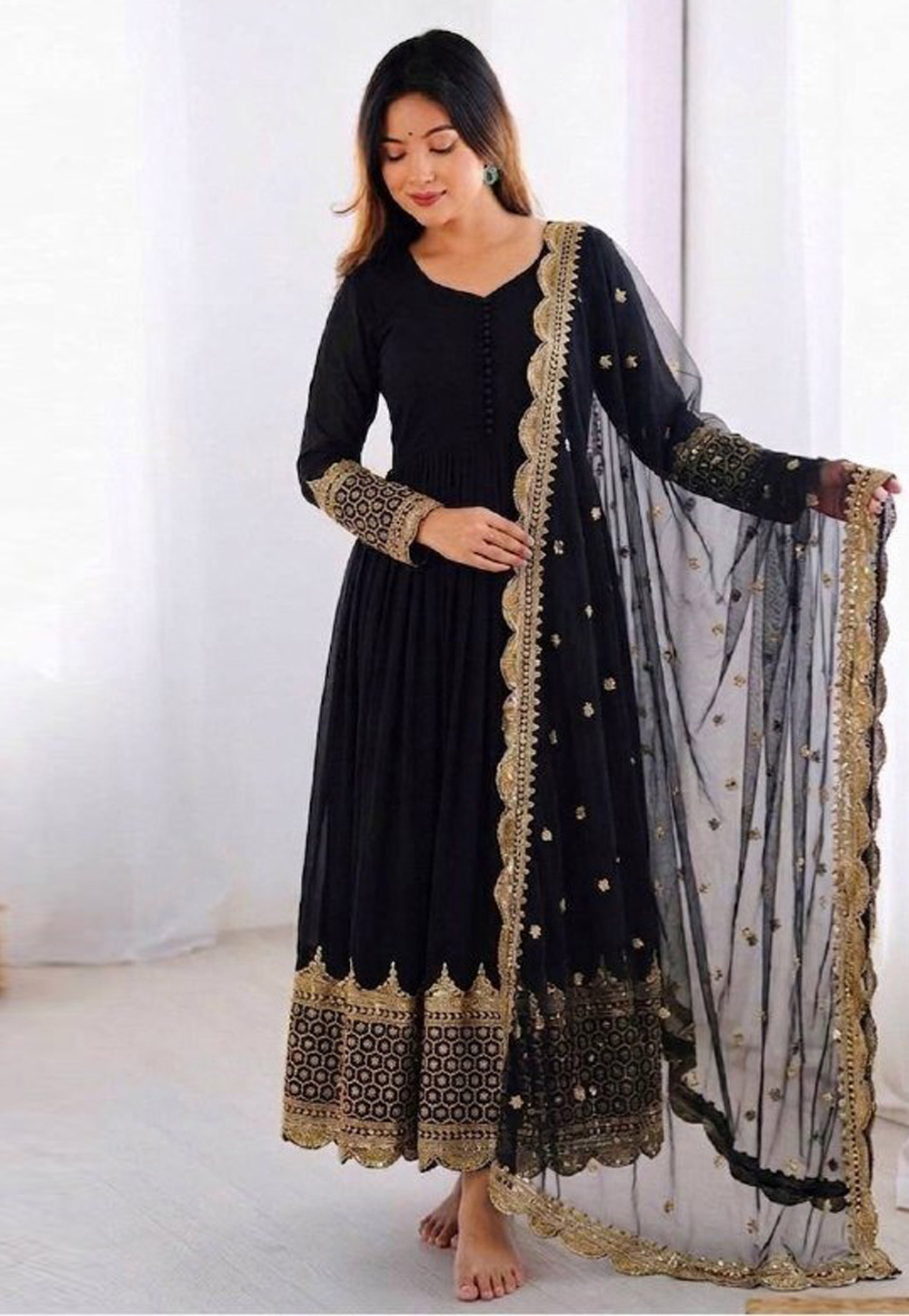 Black Faux Georgette Readymade Long Anarkali Suit 328586