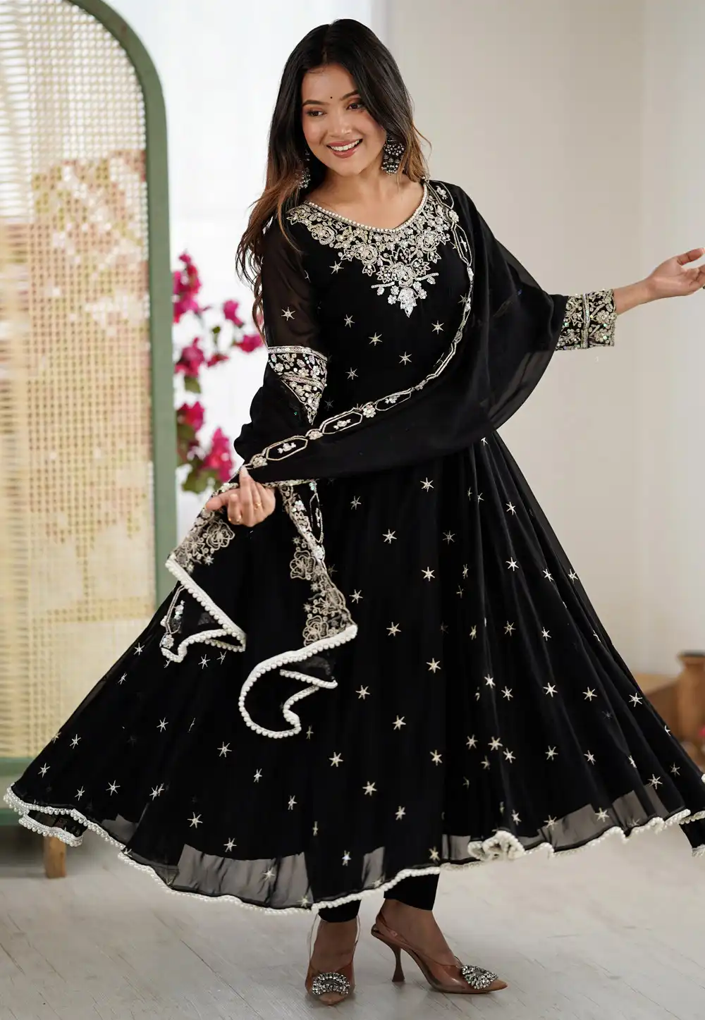 Black Faux Georgette Readymade Long Anarkali Suit 329793