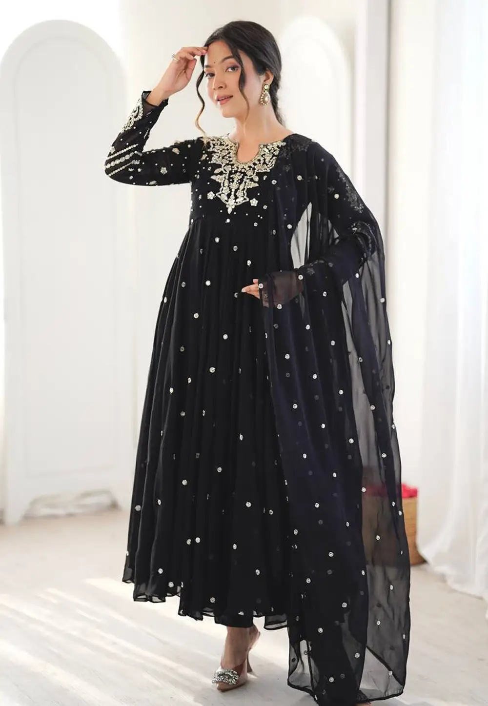 Black Faux Georgette Readymade Long Anarkali Suit 334607