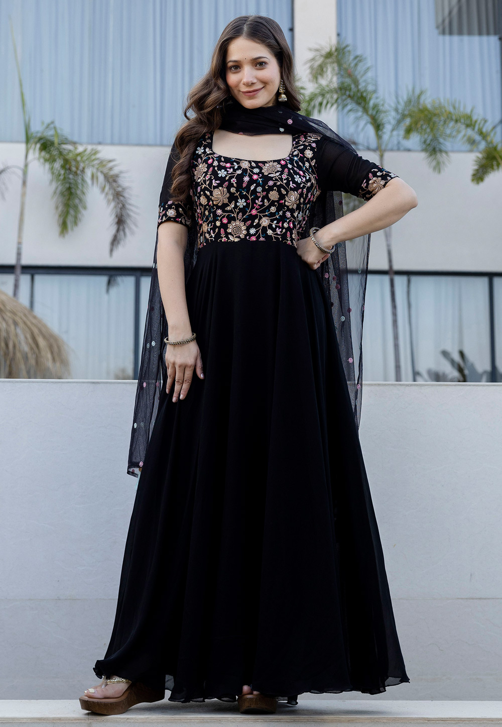 Black Faux Georgette Readymade Long Anarkali Suit 324938