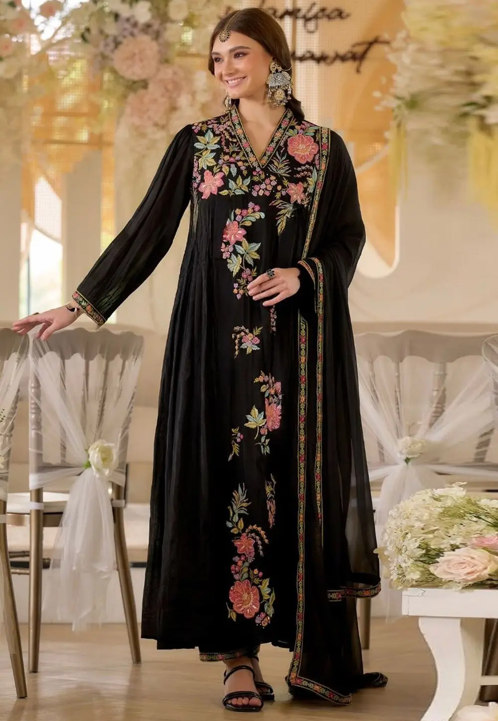 Black Faux Georgette Readymade Long Anarkali Suit 331208