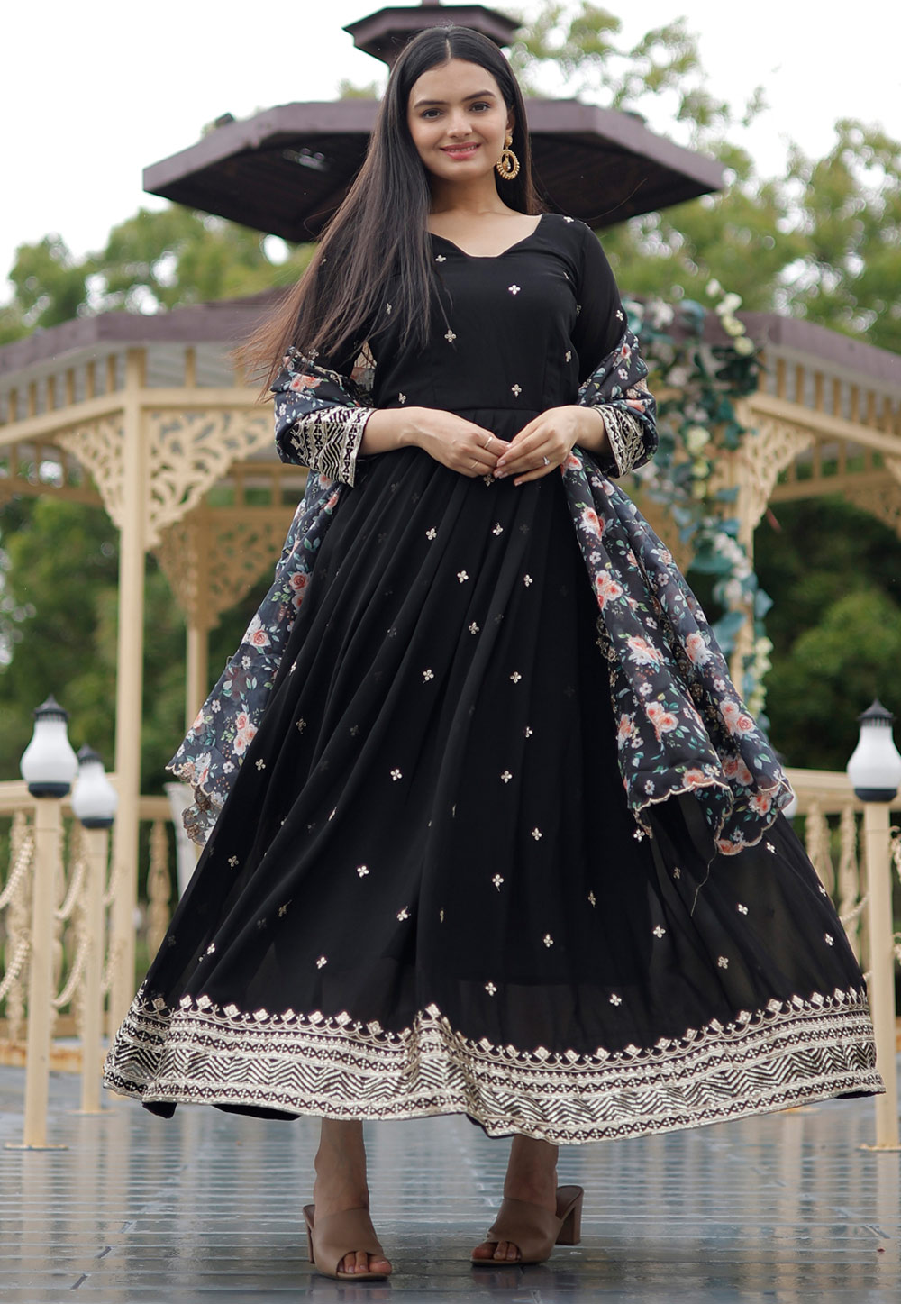 Black Faux Georgette Readymade Long Anarkali Suit 278927