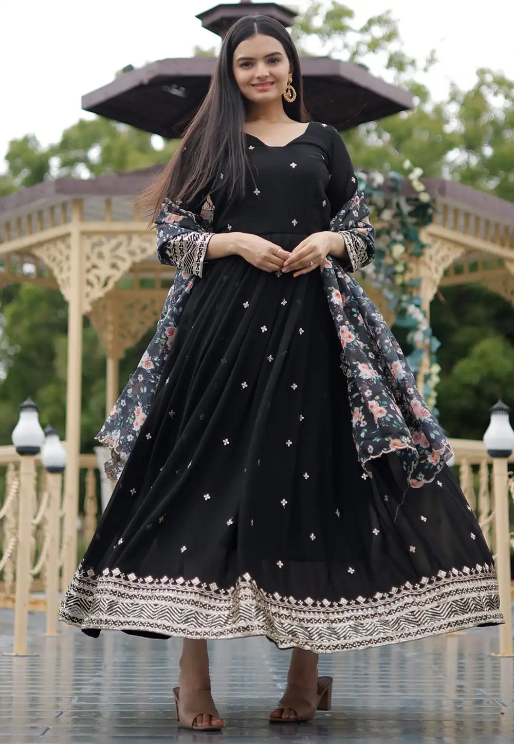Black Faux Georgette Readymade Long Anarkali Suit 278927