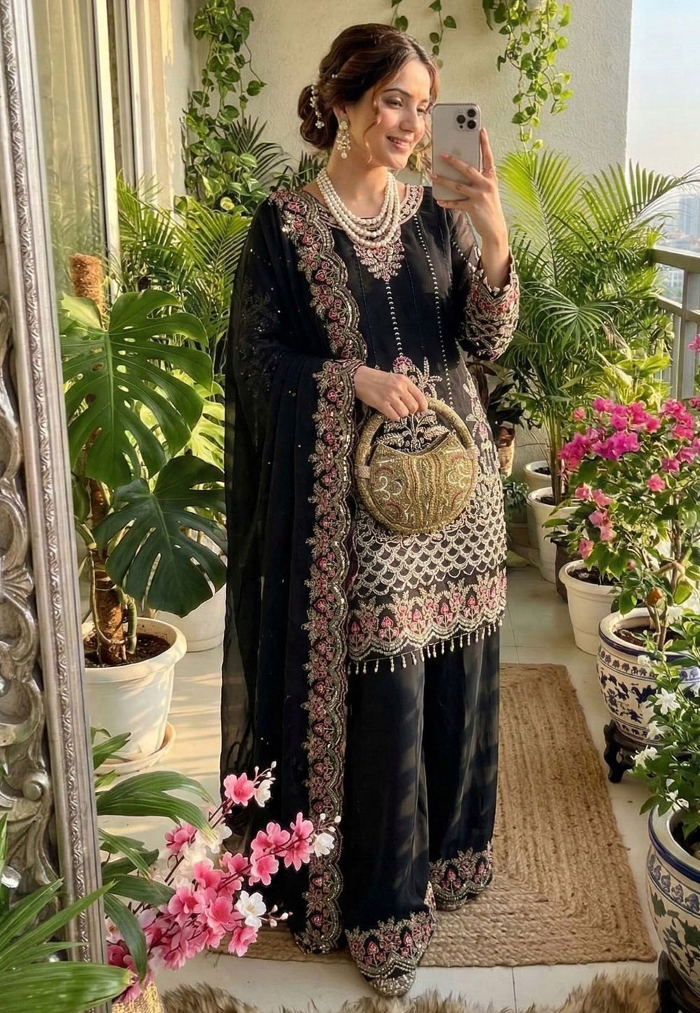 Black Faux Georgette Readymade Pakistani Suit 327330