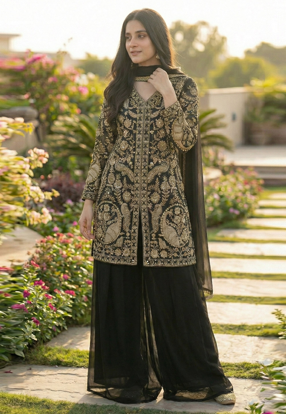 Black Faux Georgette Readymade Pakistani Suit 323337