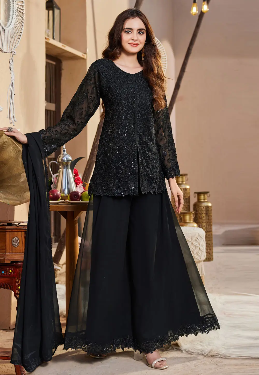 Black Faux Georgette Readymade Pakistani Suit 334840