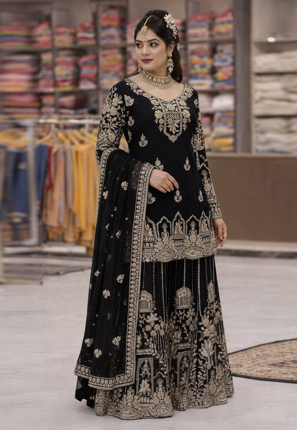 Black Faux Georgette Readymade Palazzo Suit 329734