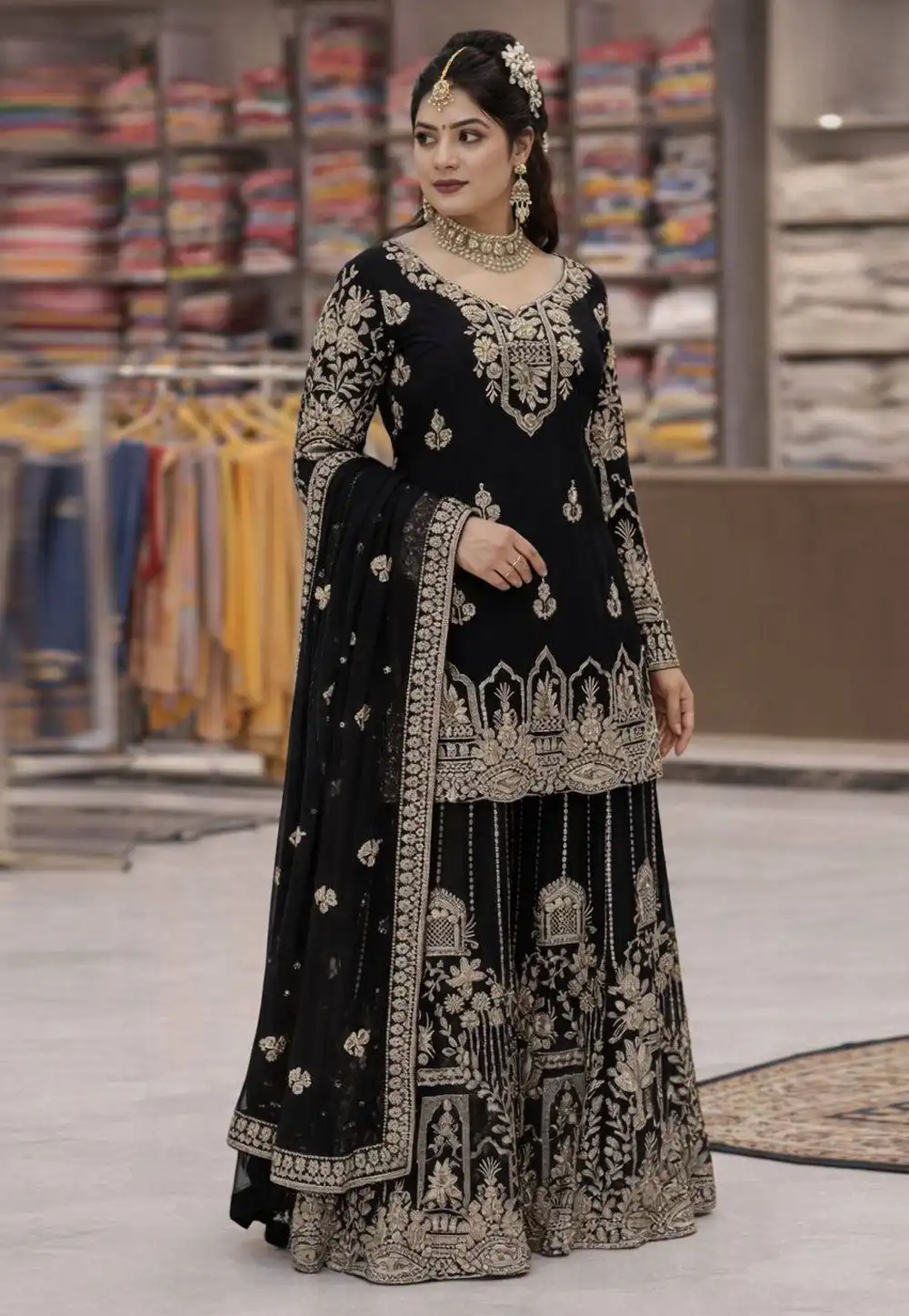 Black Faux Georgette Readymade Palazzo Suit 329734