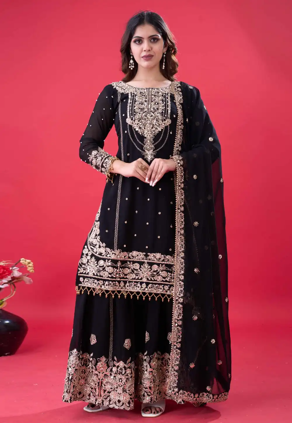Black Faux Georgette Readymade Palazzo Suit 317786