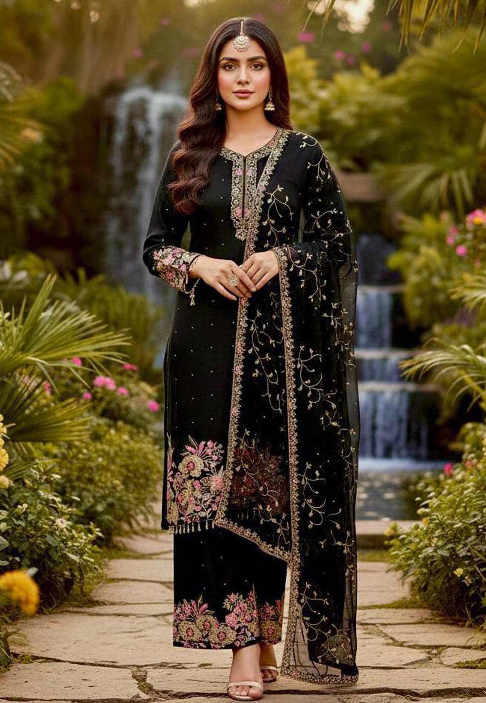 Black Faux Georgette Readymade Palazzo Suit 326955